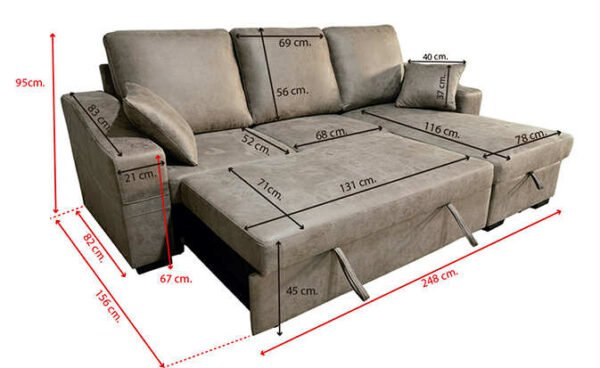 Sofá chaiselongue Corea 3 plazas reversible con arcón y reposapiés extraíble 95x248x156 cm