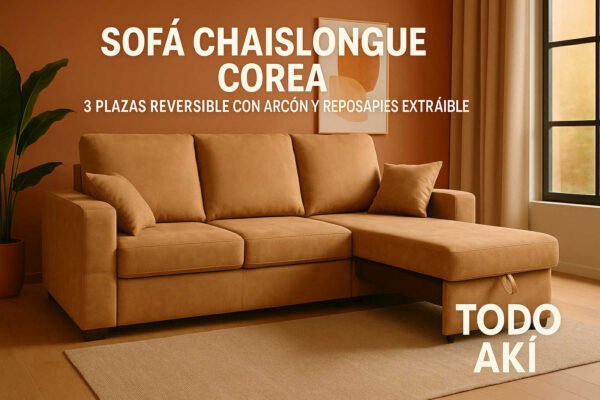 Sofá chaiselongue Corea 3 plazas reversible con arcón y reposapiés extraíble 95x248x156 cm