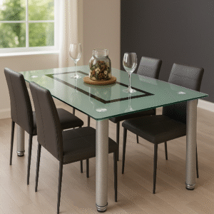 MESA GRIS DE CRISTAL TEMPLADO + 6 SILLAS