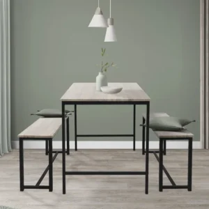 Conjunto Mesa y 2 Bancos Lisboa, Comedor o Cocina, Mesa 110 x 70 x 75 cm, Estructura metálica